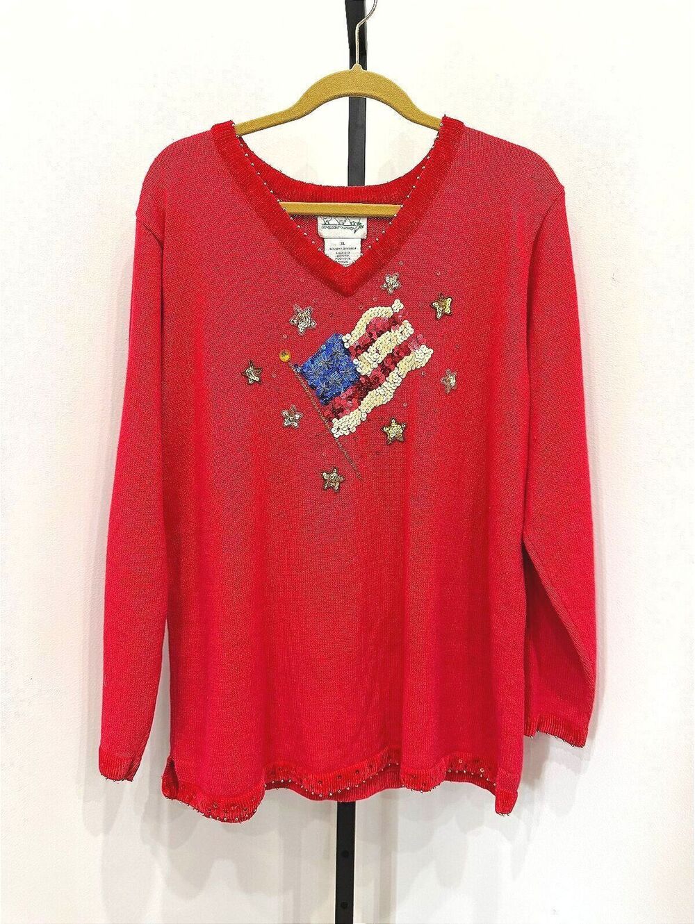 The Quacker Factory Red Patriotic Sequin Flag Sweater XL